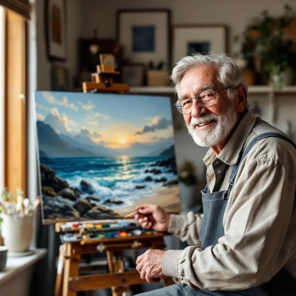 Paint-by-numbers mountain painting on wall