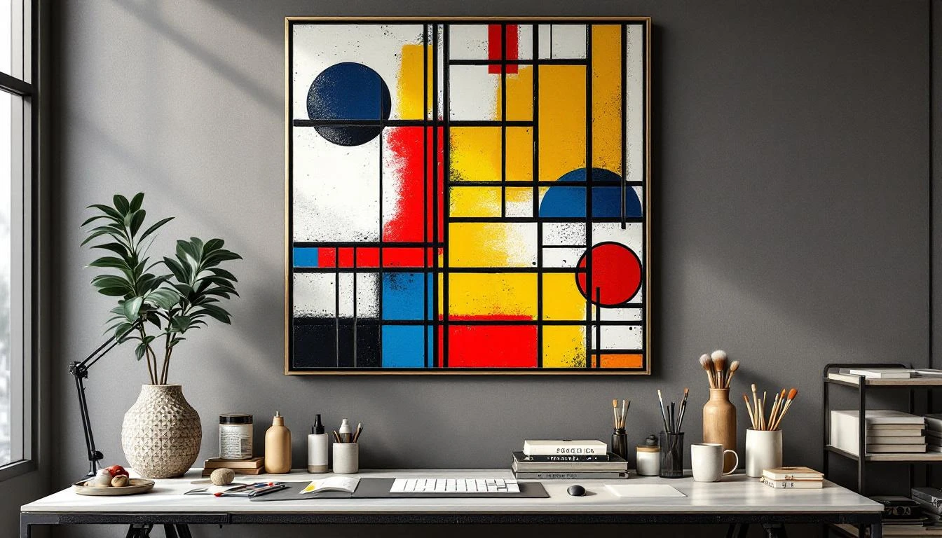 Abstract paint by numbers vintage kit featuring geometric Mondrian design with premium materials in sophisticated modern workspace