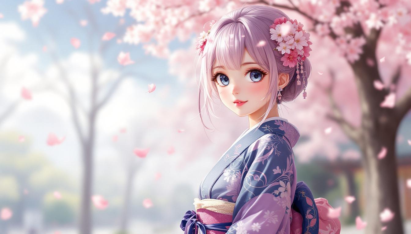 Culturally respectful anime character wearing traditional Japanese kimono with sakura petals falling around them, combining traditional and modern elements in soft pastel colors