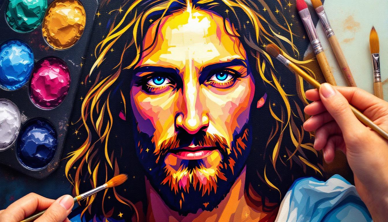 Jesus portrait paint-by-numbers kit with canvas, brushes and acrylic paints arranged artistically for Christian sacred art creation