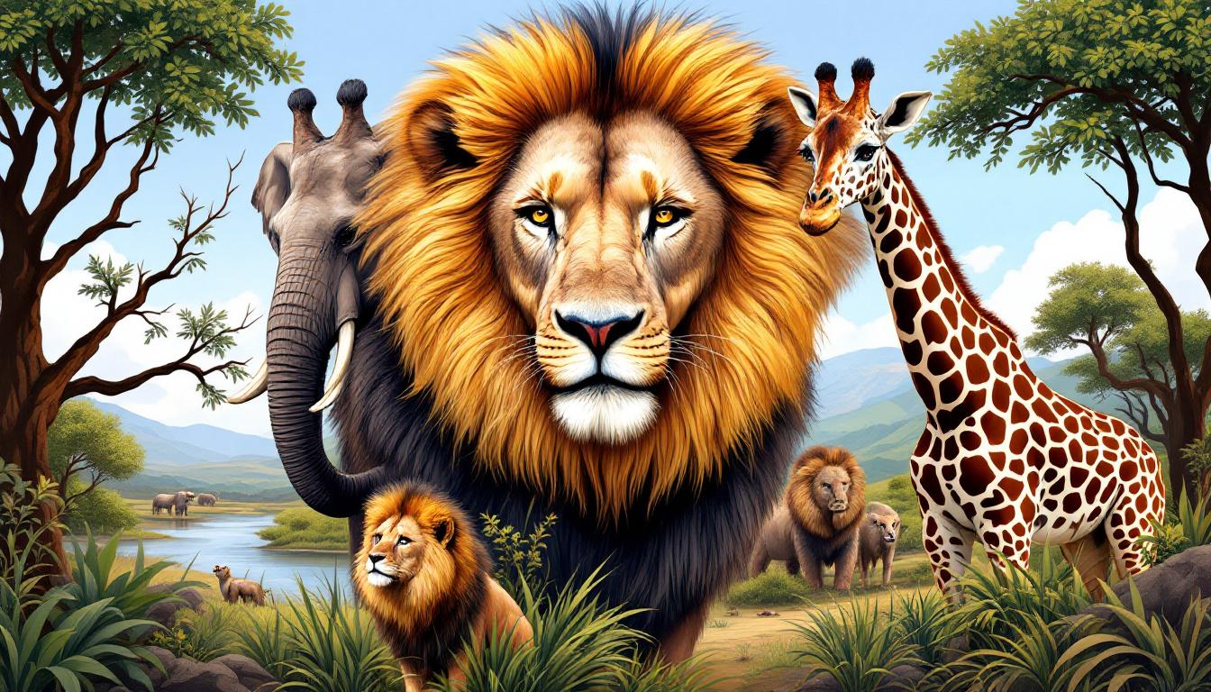Collection of safari animals including elephant, lion, and giraffe in paint-by-numbers style showing the variety of wildlife art options