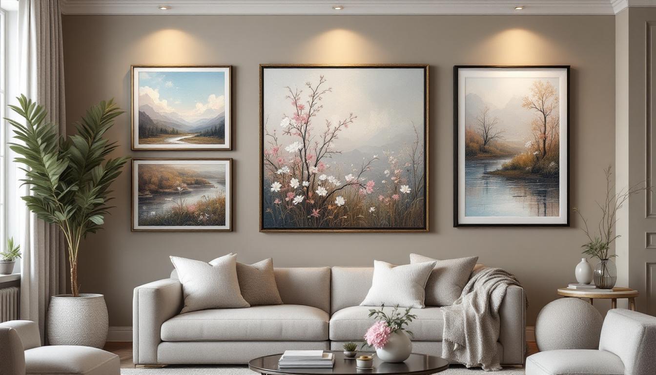 Elegant living room featuring professionally framed paint by numbers artworks arranged in gallery style wall display