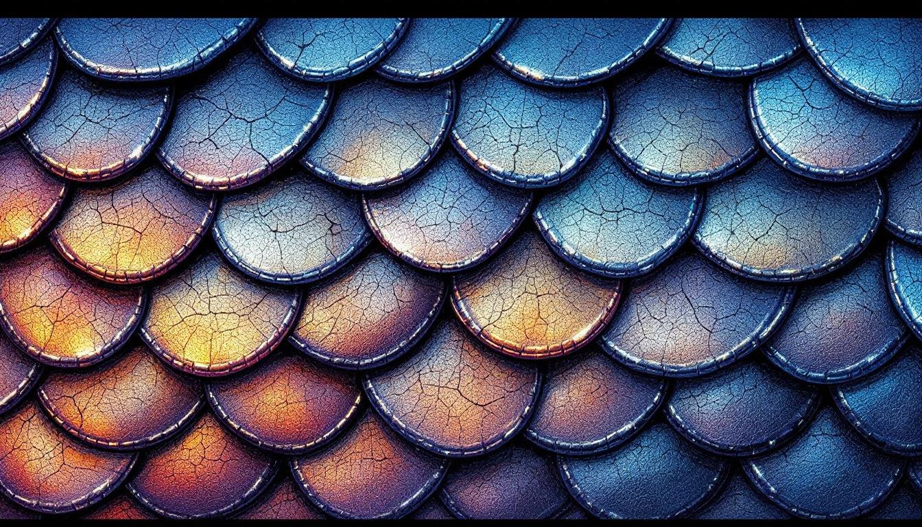 Close-up demonstration of dragon scale painting techniques showing individual scales with metallic sheen effects, shading, and highlighting for paint-by-numbers education