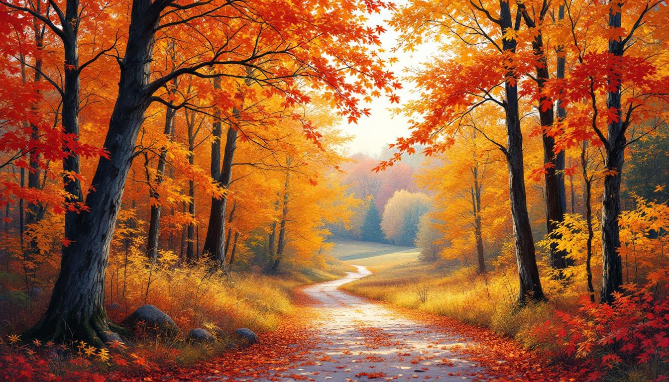 Vibrant autumn forest with golden maple leaves in reds, oranges and yellows with winding forest path, perfect for fall landscape paint by numbers