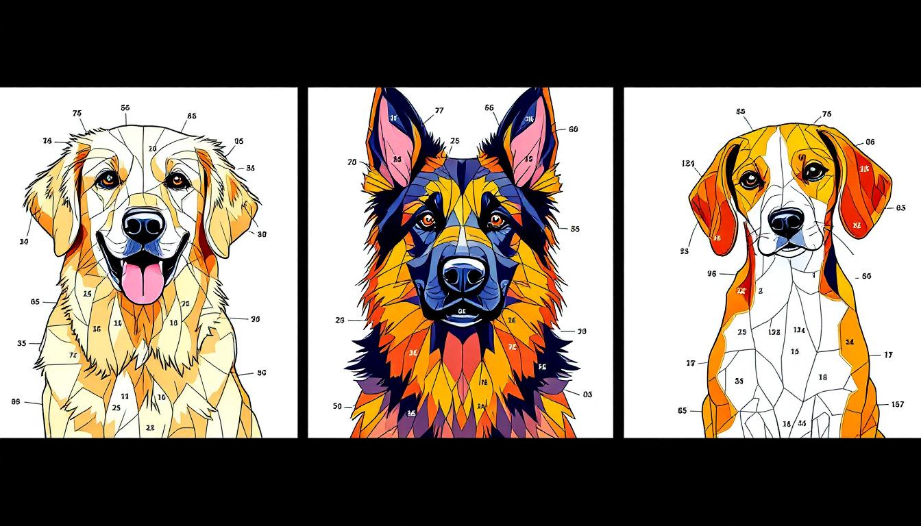 Popular dog breeds comparison showing Golden Retriever, German Shepherd, and Beagle in paint-by-numbers style with visible numbered sections