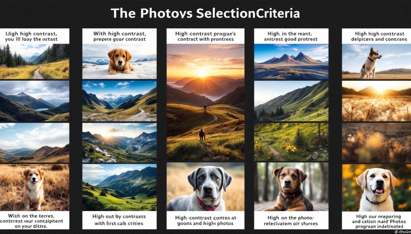 Multiple example photos demonstrating good photo selection criteria with high contrast, clear subjects, and good lighting