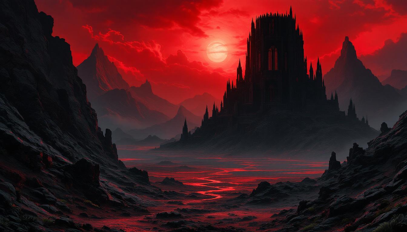 The imposing dark tower of Barad-dûr in Mordor with volcanic landscape, ominous red sky, dramatic shadows and gothic fantasy atmosphere