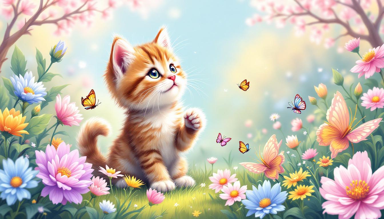 Cute kitten paint-by-numbers with butterflies in pastel colors