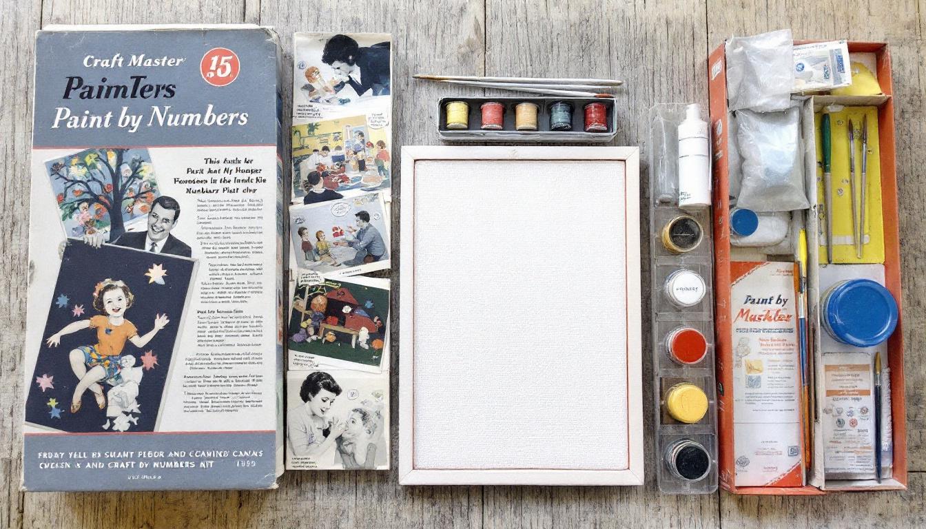 1950s paint-by-numbers kit with original vintage box, numbered canvas, small paint containers, and brushes laid out on a wooden surface, showing the authentic mid-century design and packaging of the Craft Master brand era