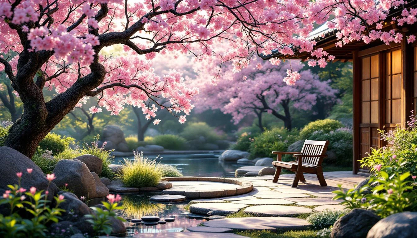 Serene meditation garden with flowering trees and peaceful seating area perfect for mindful floral painting sessions