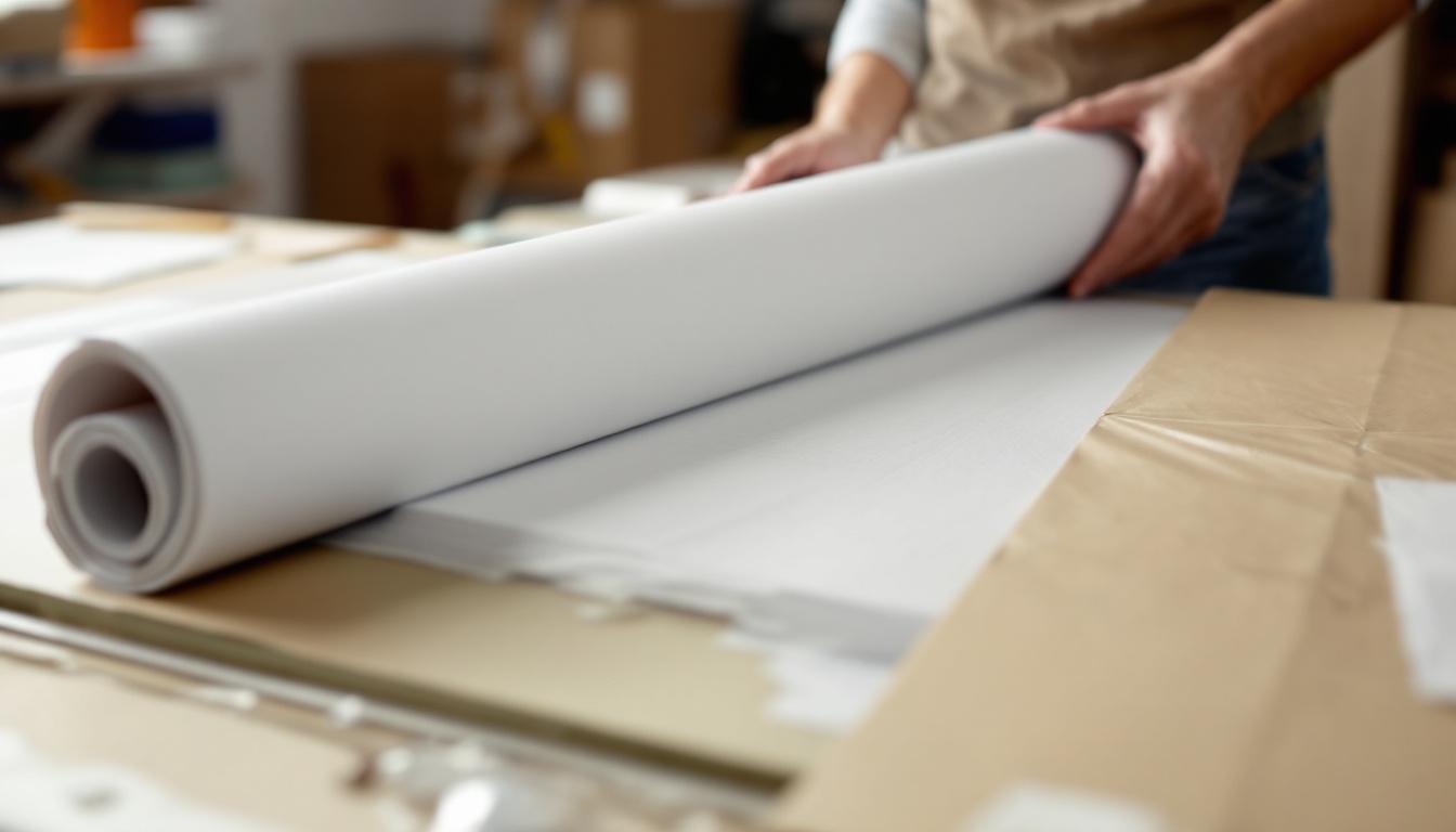 Person carefully rolling an unframed paint-by-numbers canvas for safe shipping with protective packaging materials