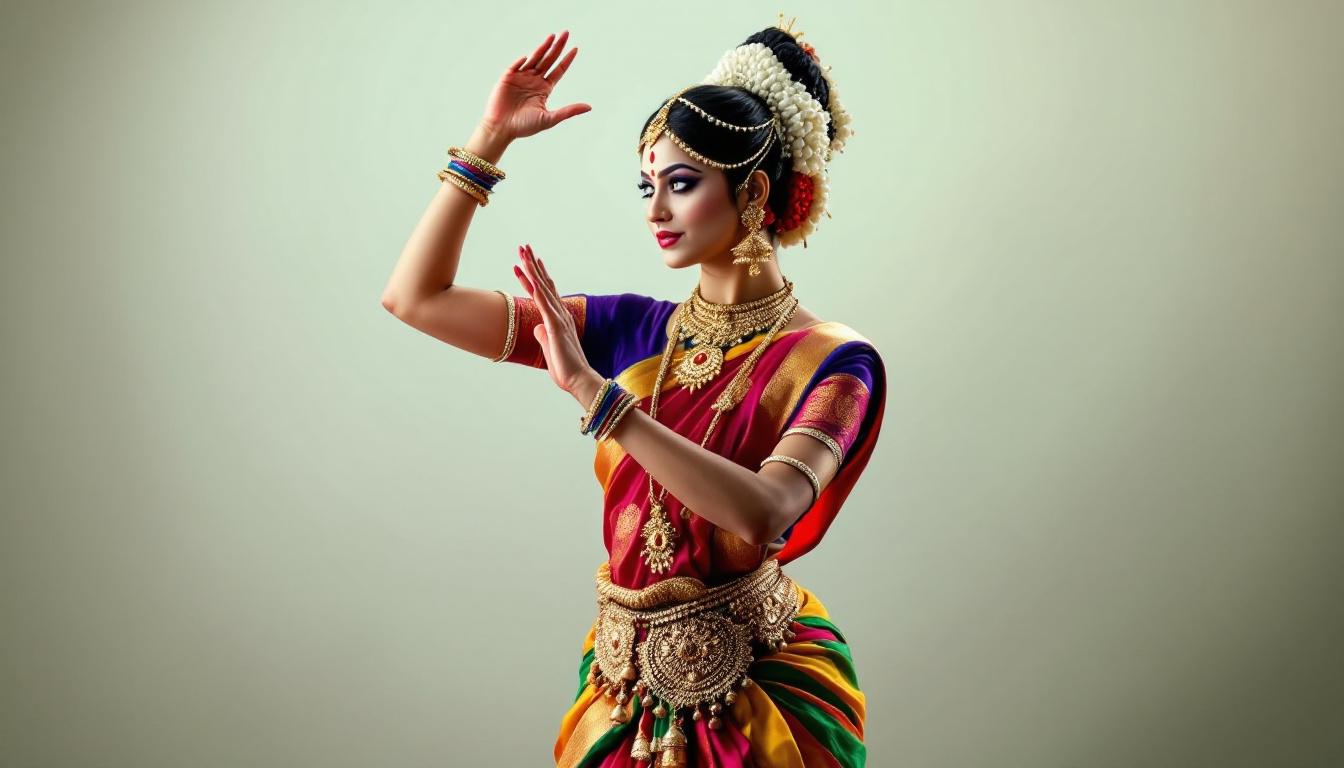 Graceful Indian classical dancer in traditional costume with flowing movements and cultural elements, designed as an elegant paint-by-numbers project celebrating Indian performing arts