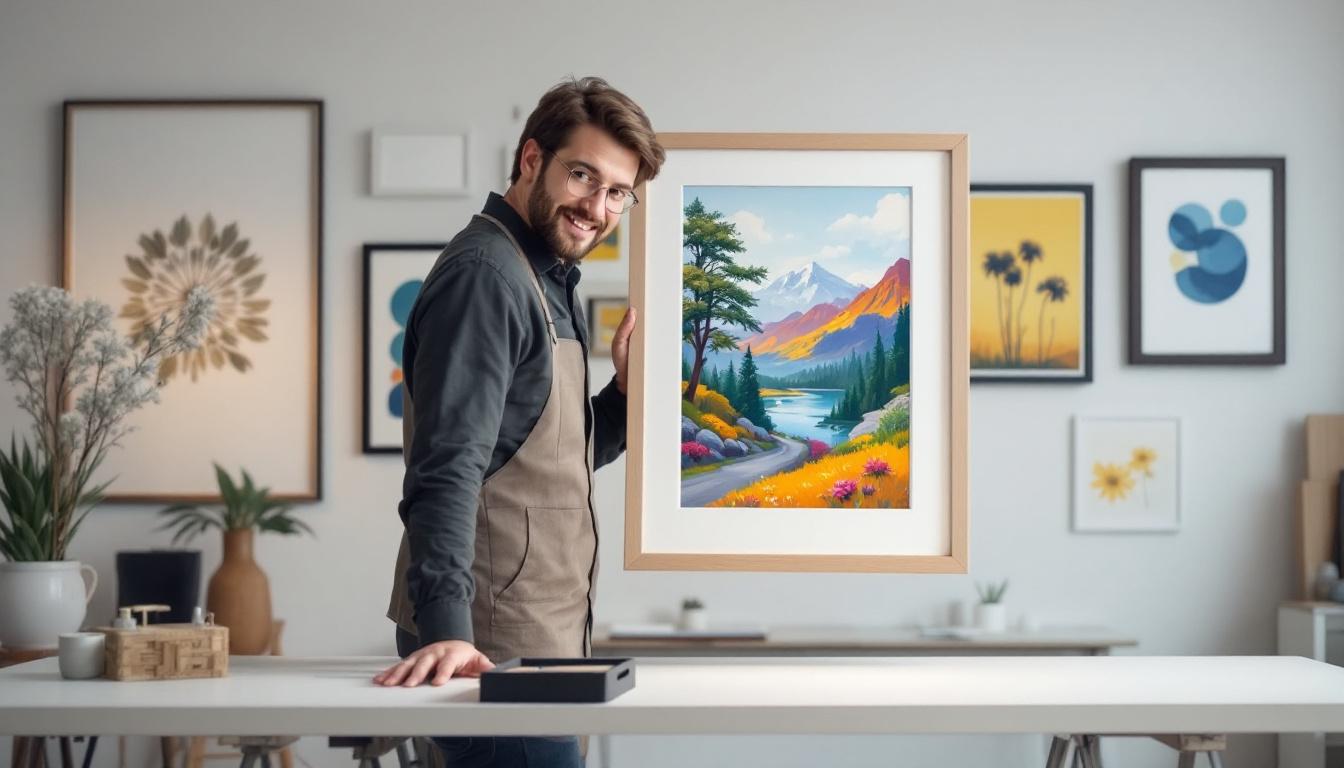 Professional framing setup showing floater frame with paint-by-numbers artwork and gallery wall display