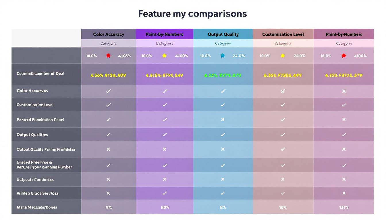 Comprehensive comparison matrix for paint-by-numbers creator tools showing detailed feature comparison table with categories like color accuracy, customization level, and output quality displayed as organized data visualization
