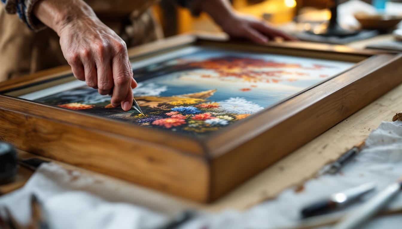 Hands carefully mounting a completed paint-by-numbers artwork into a wooden frame, demonstrating the framing process