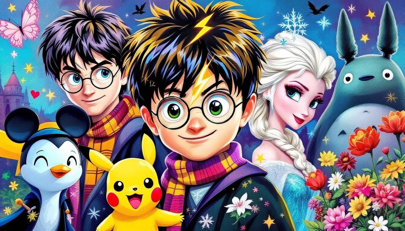 A vibrant collage featuring popular fandom paint-by-numbers characters including Harry Potter, Mickey Mouse, Pikachu, Princess Elsa, and Studio Ghibli characters arranged in colorful paint-by-numbers style