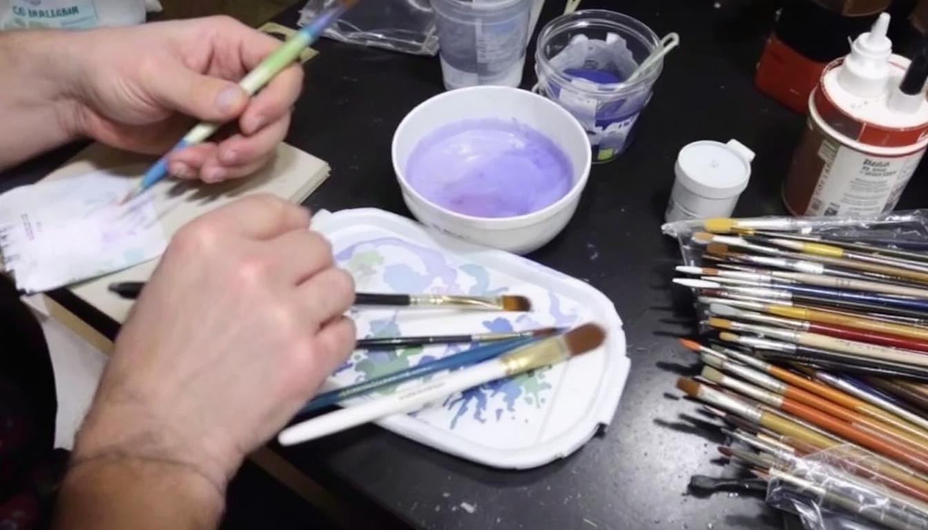 Brush care demonstration showing proper cleaning and storage techniques for paint-by-numbers brushes