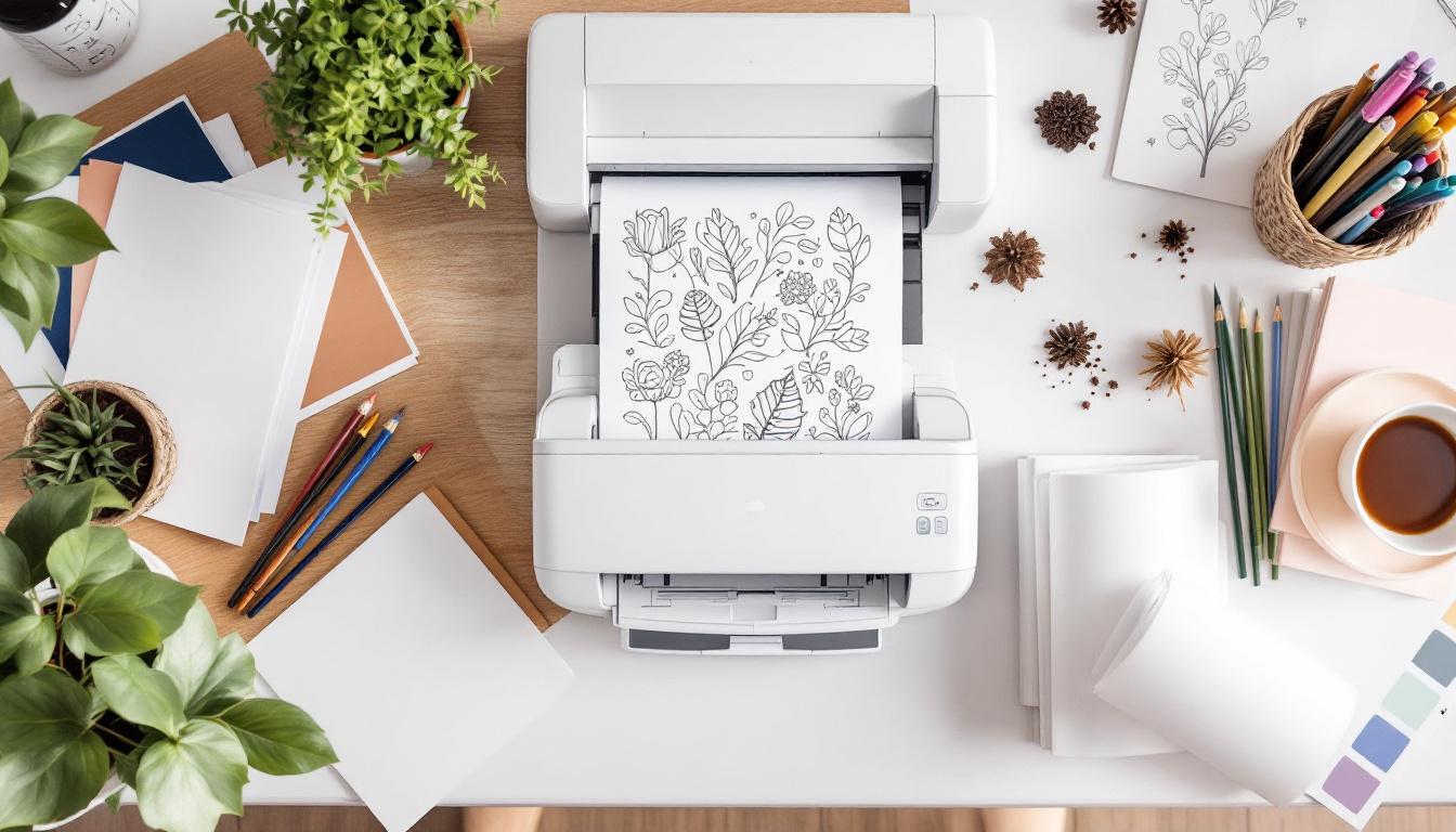 Organized workspace with printer, various paper types, printed patterns, and coloring supplies for printable paint-by-numbers projects