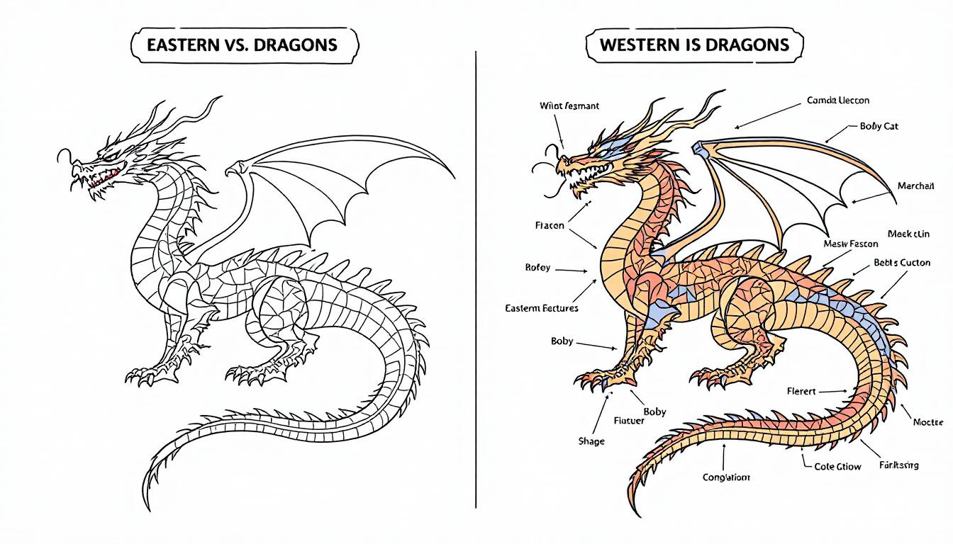 Educational comparison chart showing the anatomical differences between Eastern and Western dragon designs including head shapes, body proportions, and wing structures