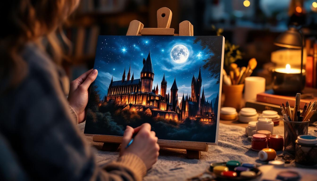 A cozy scene of someone painting a Harry Potter paint-by-numbers kit featuring Hogwarts castle, showing hands carefully painting with brushes and organized paint supplies in warm lighting