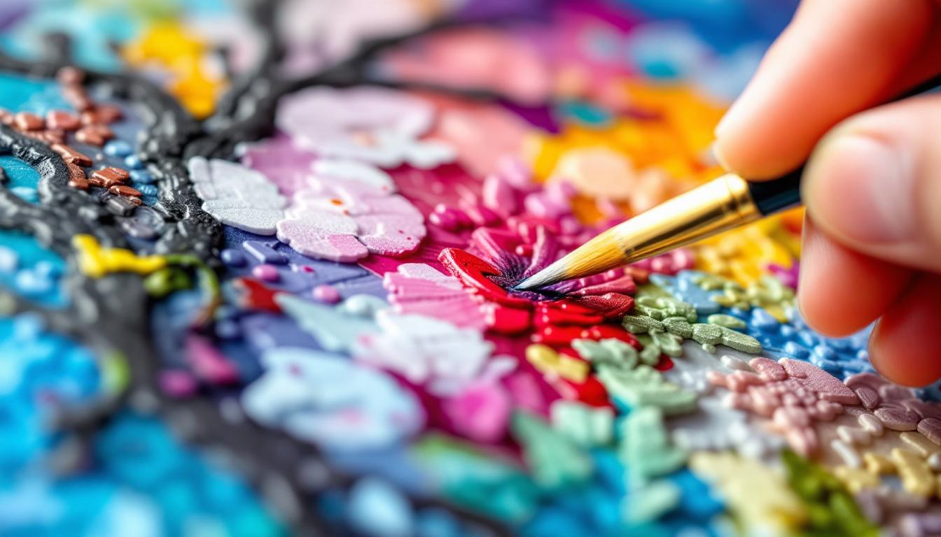 Paint by numbers beginner tips showing close-up technique of detail brush carefully painting tiny numbered cells with precision