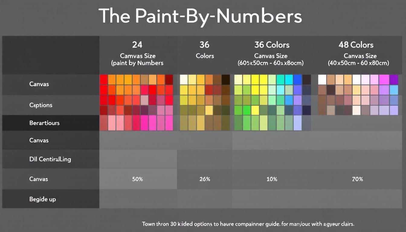 Visual comparison chart showing 24, 36, and 48 color paint-by-numbers kits with different canvas sizes from 40x50cm to 60x80cm for beginners