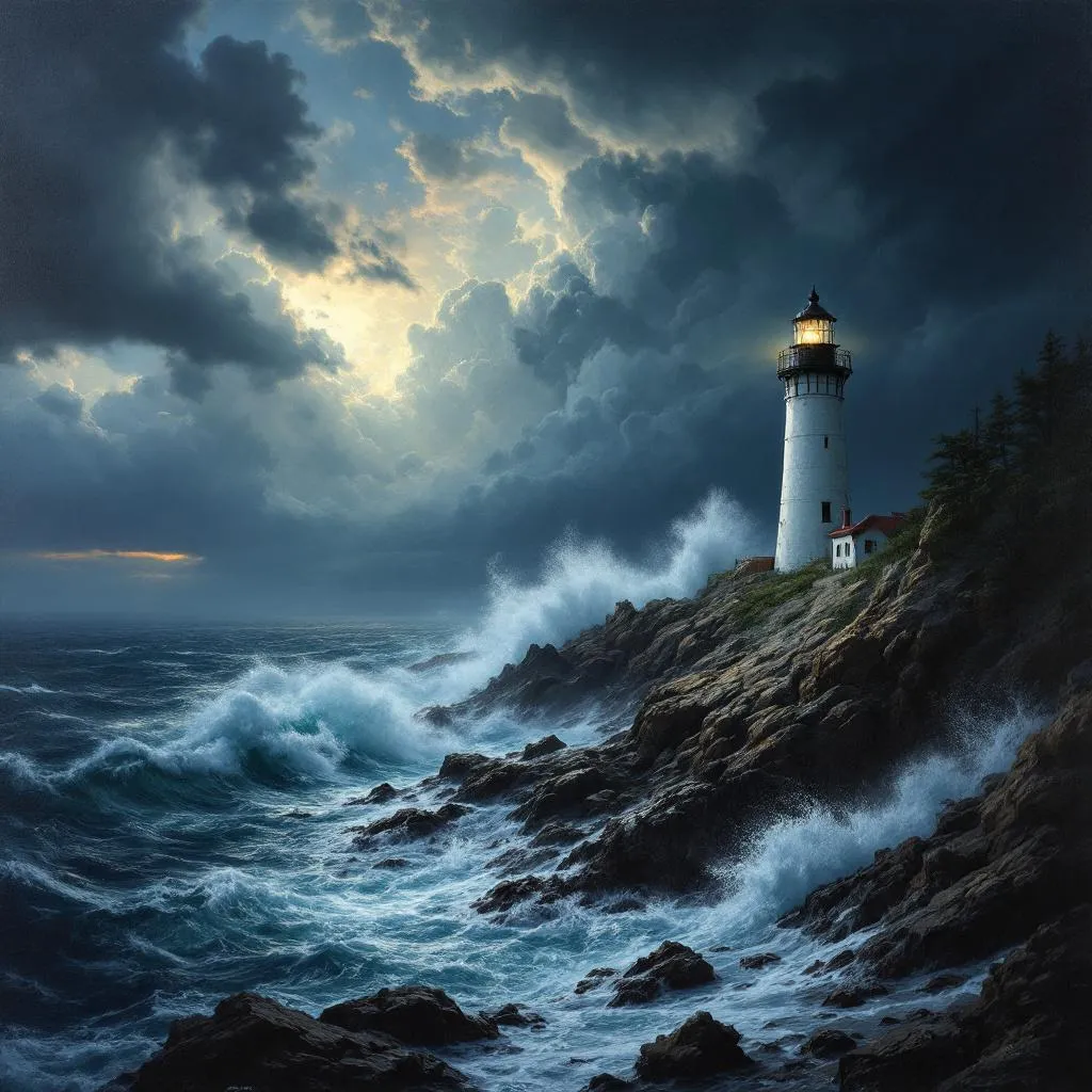 Dramatic lighthouse on rocky coastline during storm - AI generated paint by numbers example