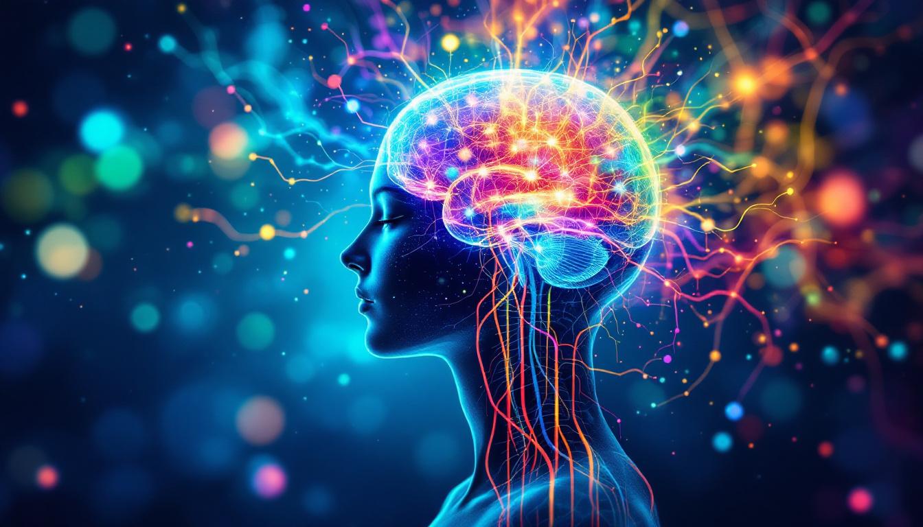 Scientific visualization of brain showing stress reduction through paint-by-numbers, colorful neural pathways with artistic elements