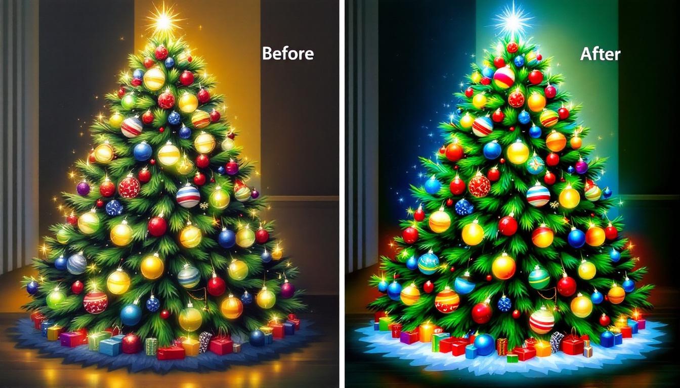 Before and after Christmas tree paint by numbers showing ornament painting technique and lighting effects
