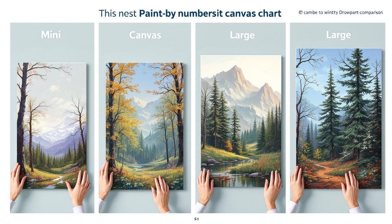 Comparison of paint-by-numbers kit sizes from mini to large with scale reference