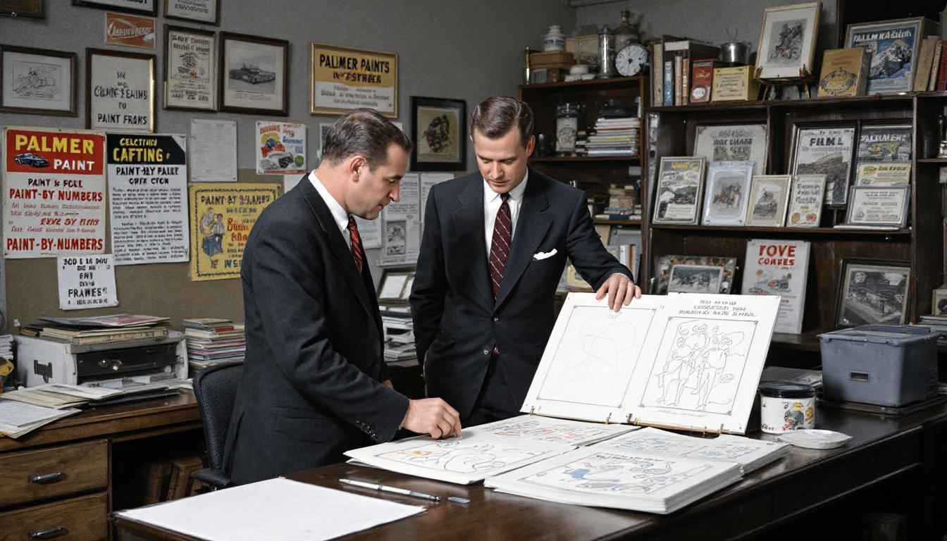 Historical recreation of 1950s Detroit Palmer Paint office with two men in suits examining early paint-by-numbers prototypes and marketing materials, representing the invention and development of the concept