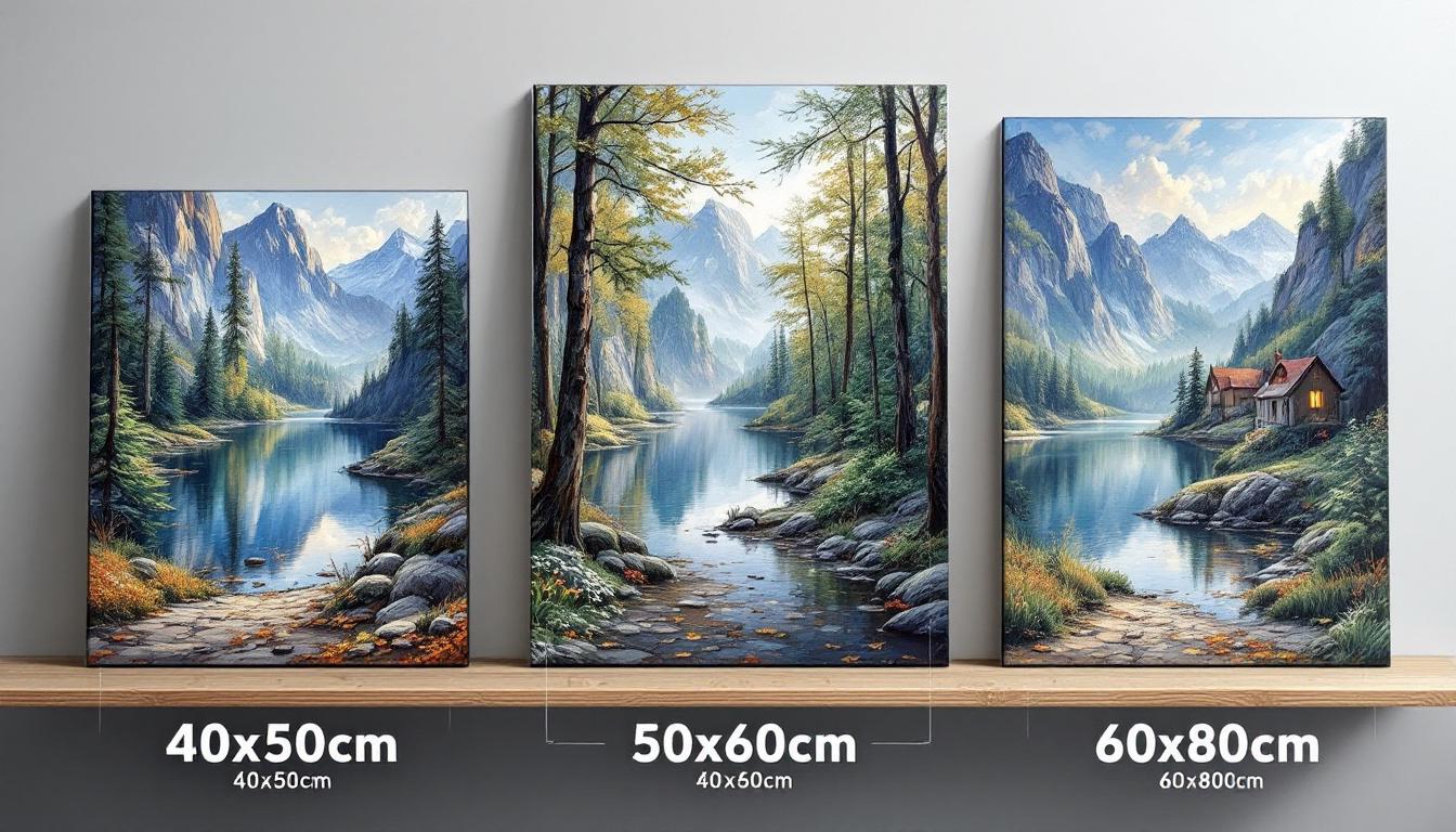 Three different paint-by-numbers canvas sizes showing 40x50cm, 50x60cm, and 60x80cm options with clear measurements