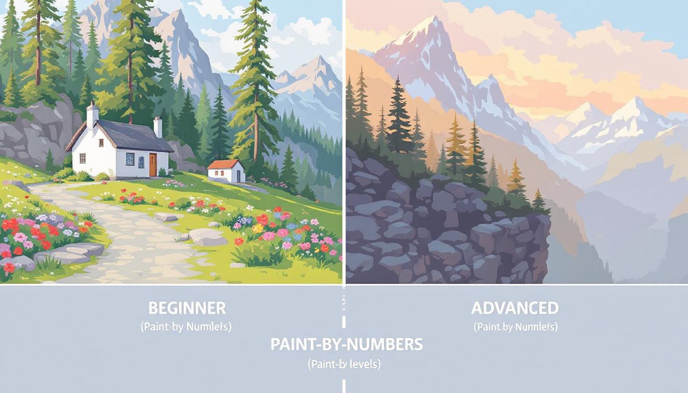 Comparison display showing beginner to advanced paint-by-numbers kits side by side, demonstrating complexity progression chart
