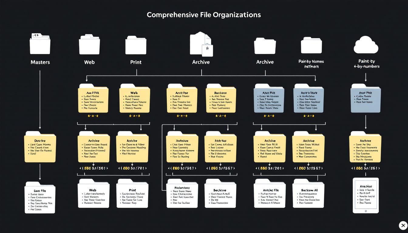 Comprehensive file organization showing folders, naming conventions, and cloud backup system for digital artwork