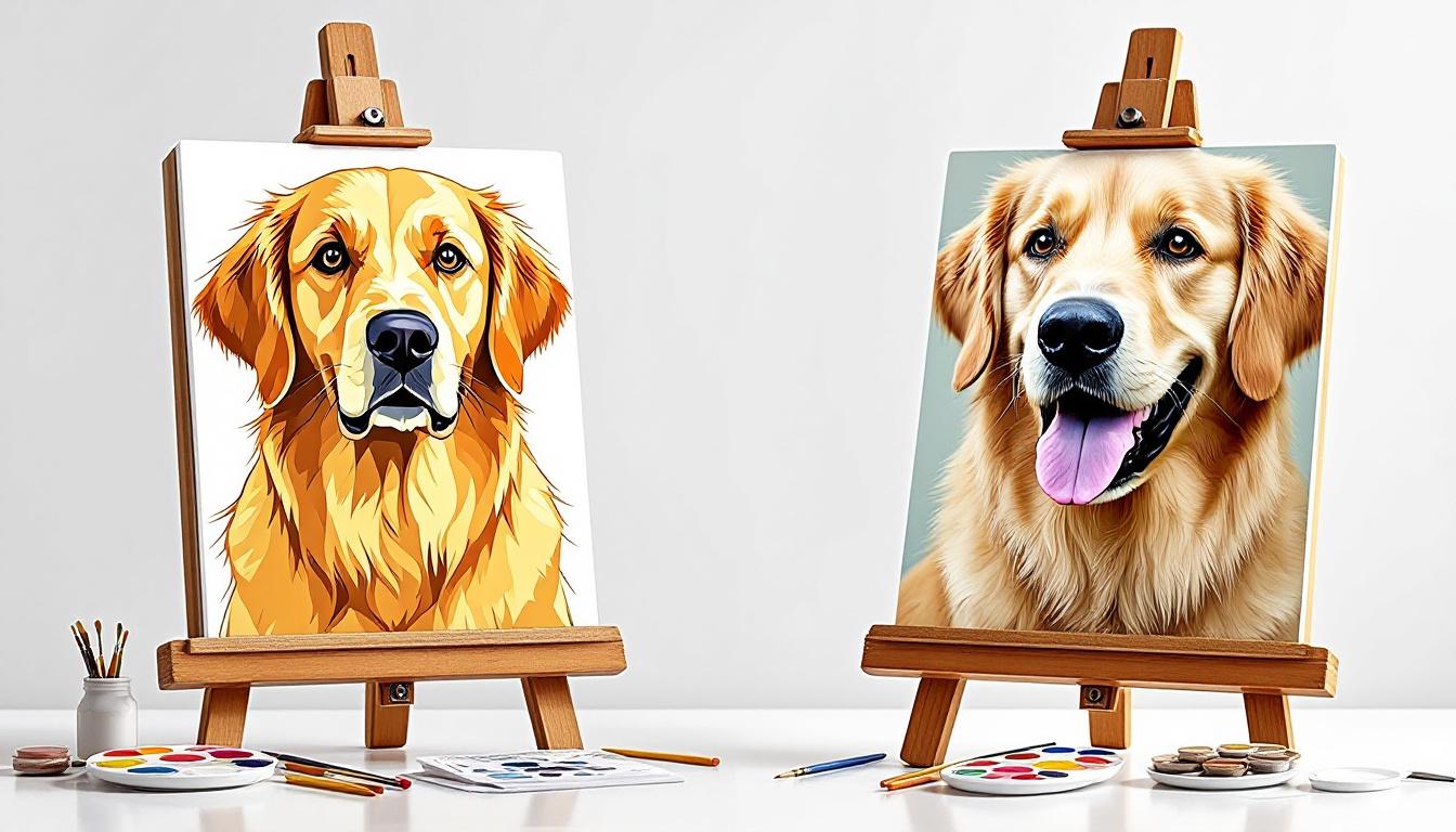 Side-by-side comparison showing generic pre-made paint by numbers kit versus custom personalized kit with unique dog characteristics