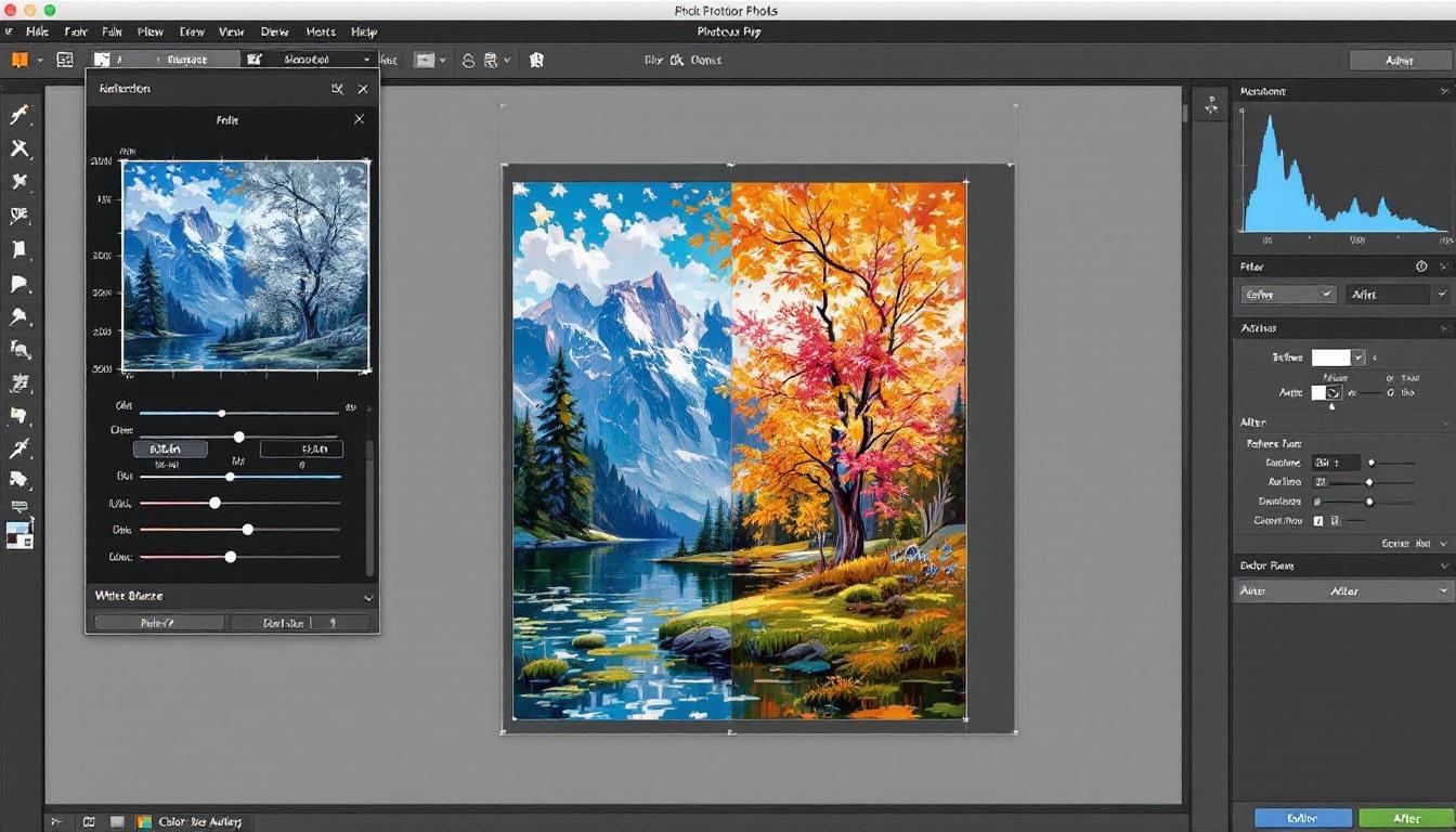 Professional photo editing interface showing color correction and enhancement tools for digitized artwork
