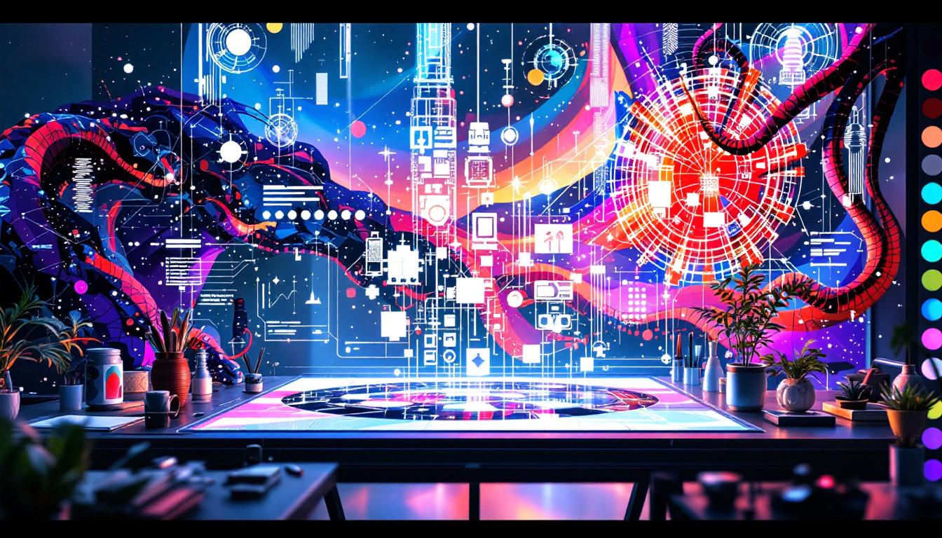 Futuristic scene showing AI technology generating custom paint-by-numbers designs from text descriptions