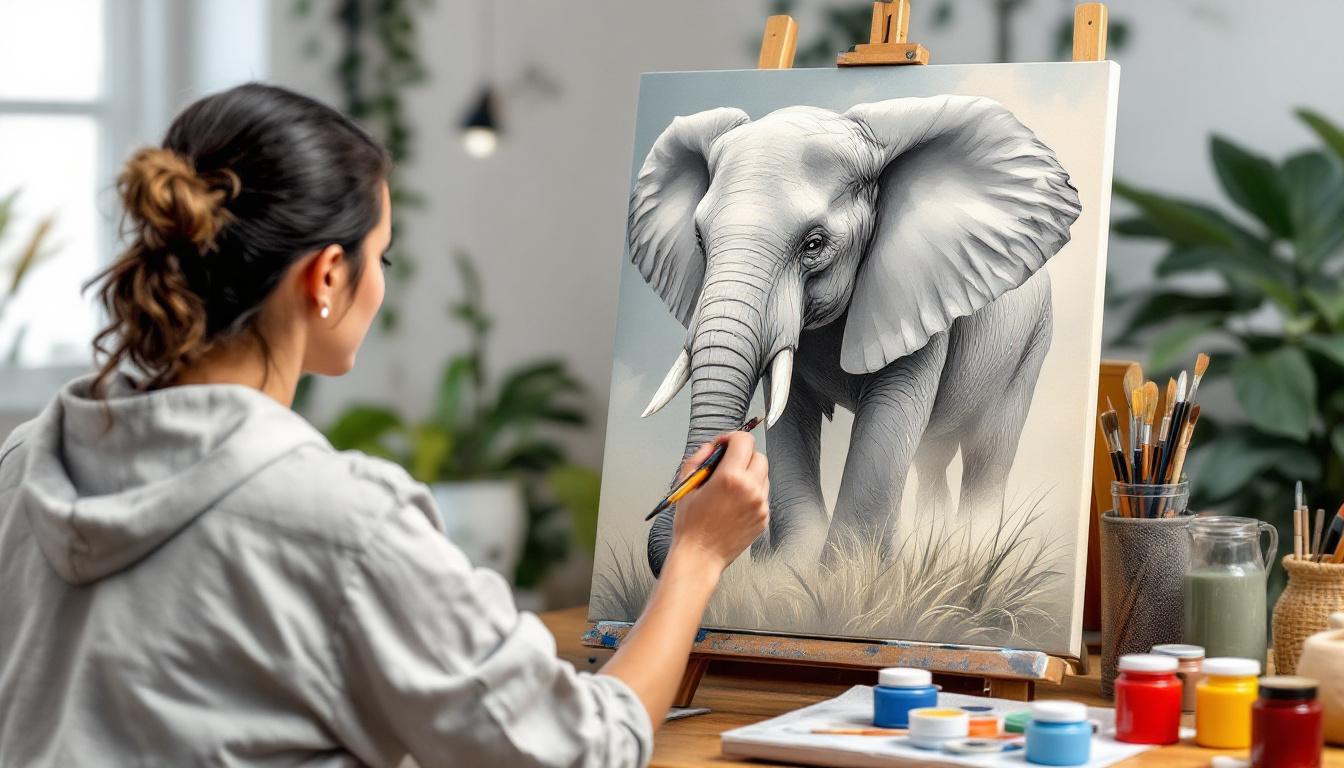 Artist working on elephant paint-by-numbers project demonstrating painting techniques for gray tones and texture with brushes and numbered paints