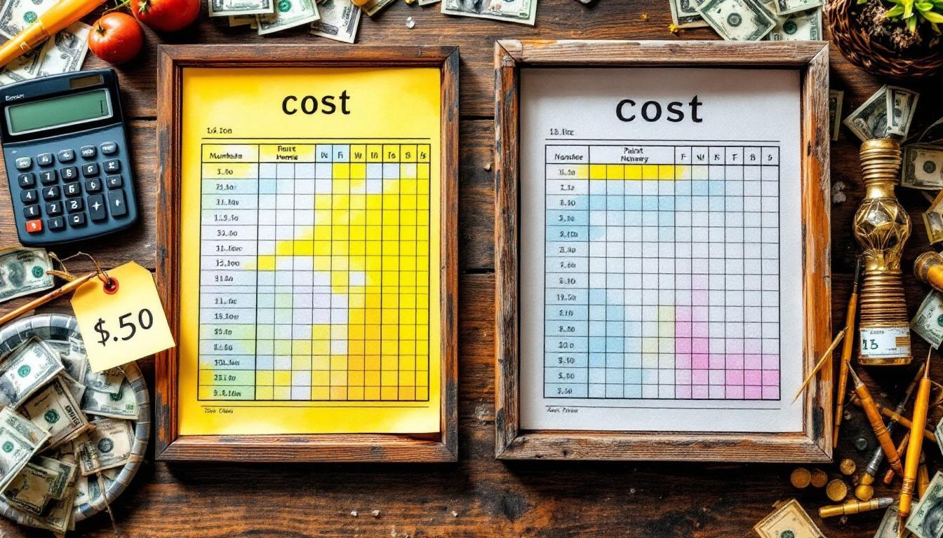 Budget planning scene with calculator and price tags comparing costs of framed versus unframed paint-by-numbers options