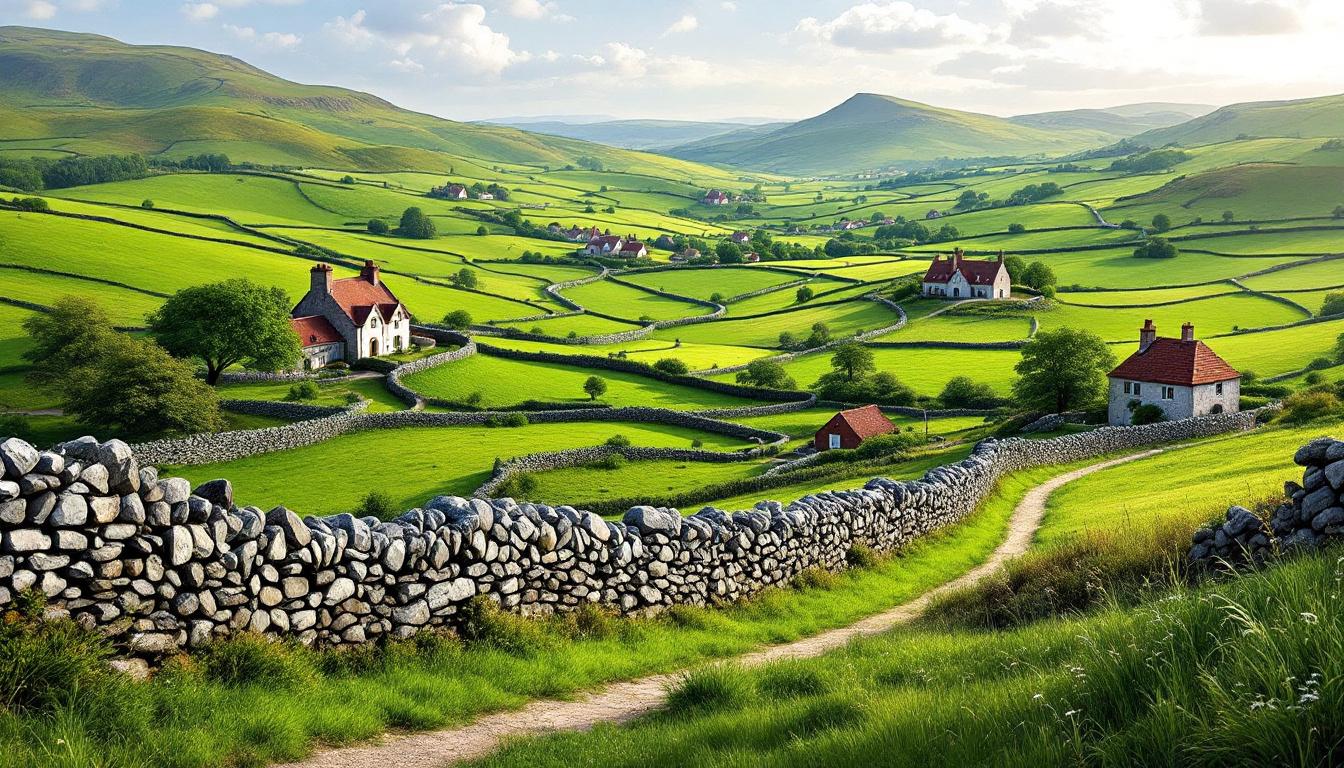 Irish countryside landscape with green rolling hills, ancient stone walls, and traditional cottages