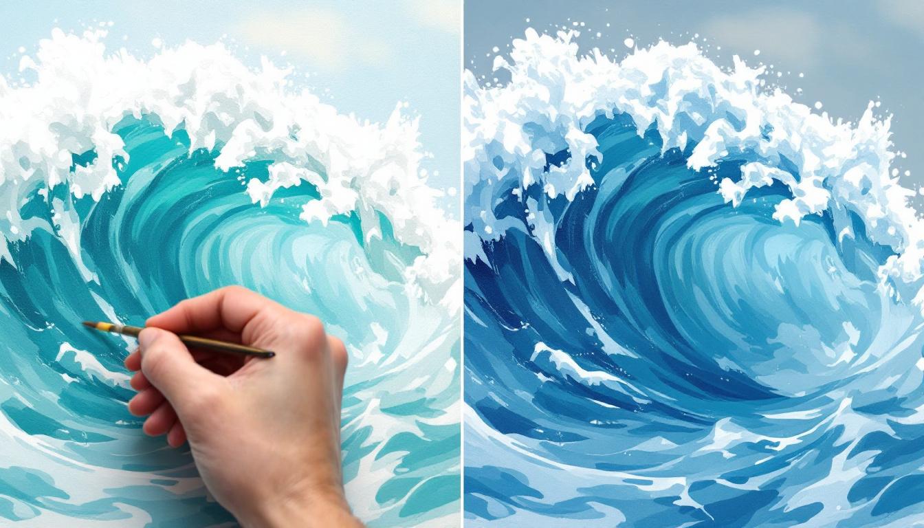 Wave painting technique demonstration showing brush strokes and color layering for realistic ocean effects