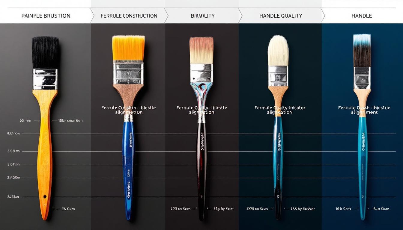 Side-by-side comparison showing premium versus budget paint-by-numbers brushes, highlighting construction differences in ferrules, bristles, and handles with quality indicators marked in paint-by-numbers style