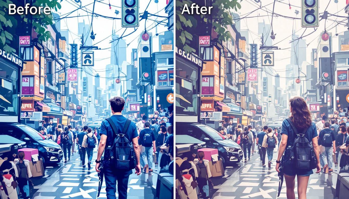 Before and after comparison showing complex busy background being simplified for paint-by-numbers conversion
