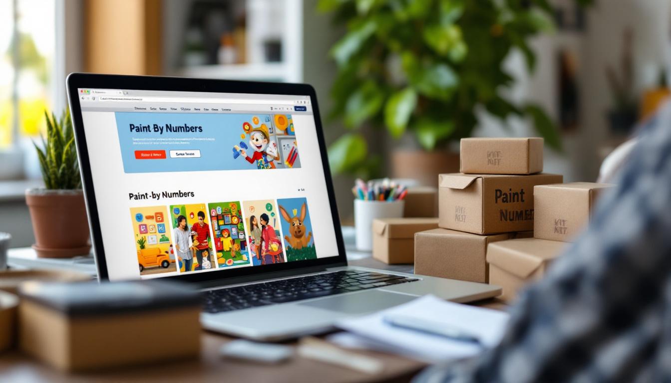 Cozy home office scene with laptop displaying paint-by-numbers website surrounded by various kit boxes, representing digital commerce convenience