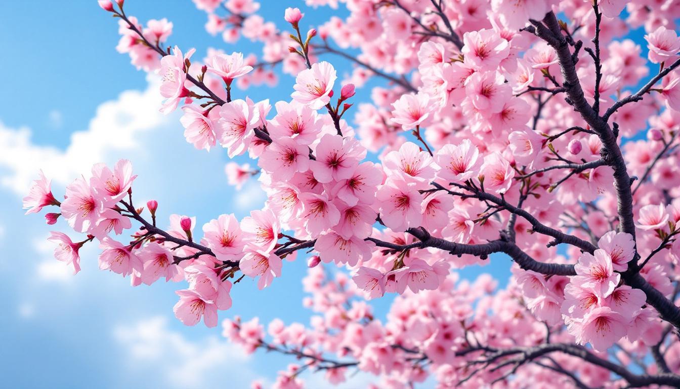 Beautiful spring cherry blossom tree in full bloom with delicate pink flowers against blue sky, perfect for seasonal landscape paint by numbers projects