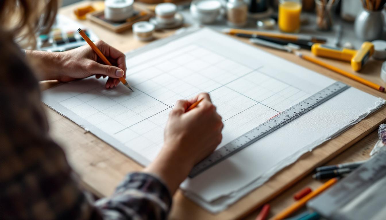 Close-up hands drawing precise grid lines on canvas using ruler and pencil for manual paint-by-numbers creation