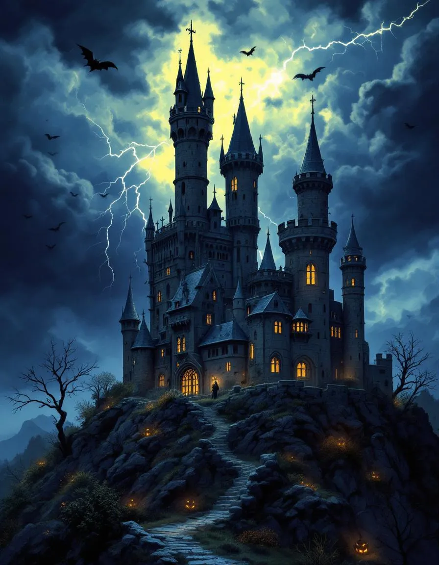 Dramatic gothic castle with lightning and storm clouds