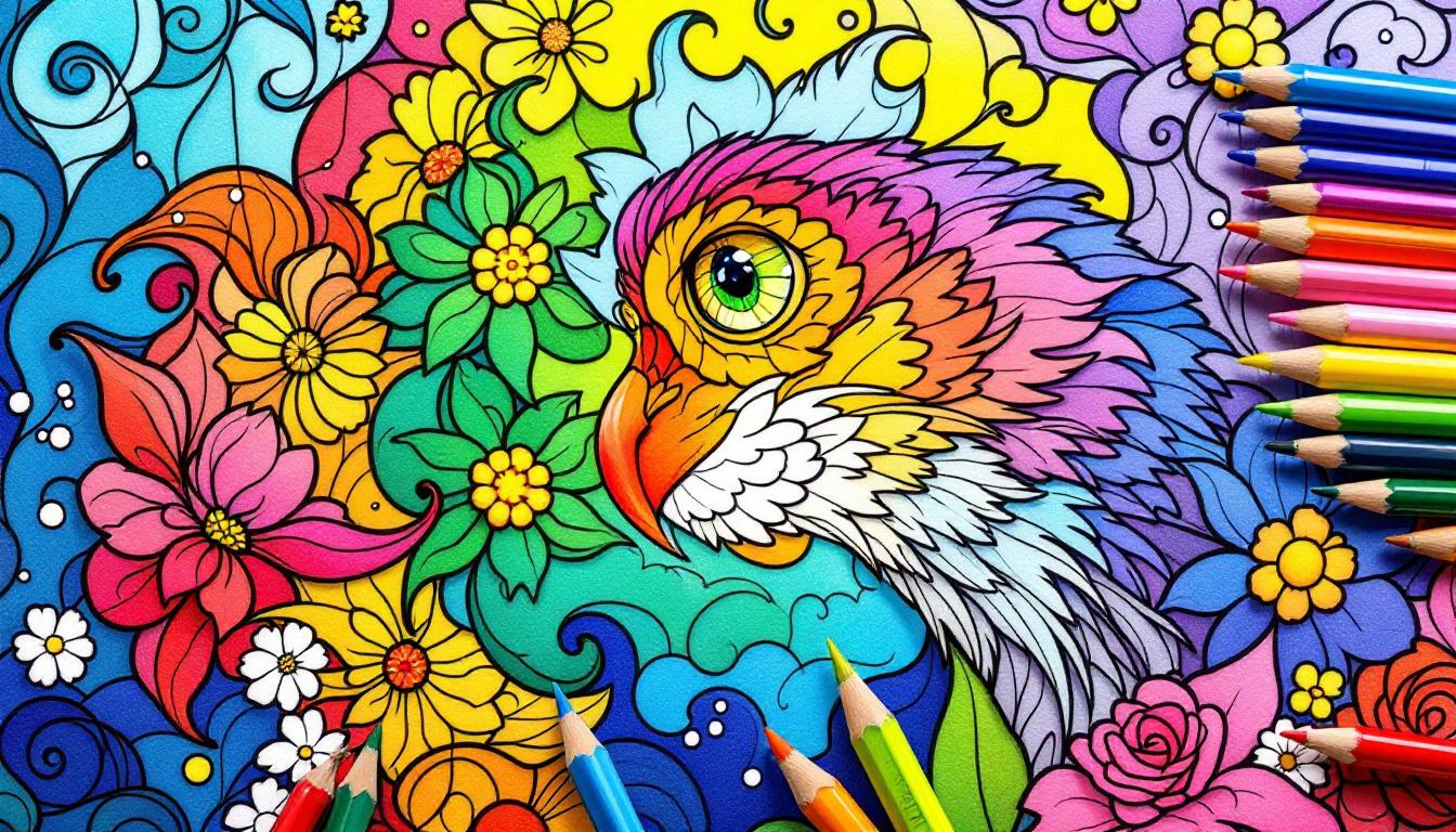 Colored pencils, markers, and acrylic paint techniques demonstrated on printable paint-by-numbers patterns