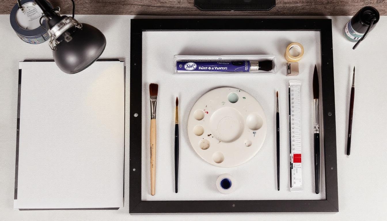 Essential paint-by-numbers tools beyond brushes: wet palette, magnifying lamp, painter's tape, and brush soap arranged neatly