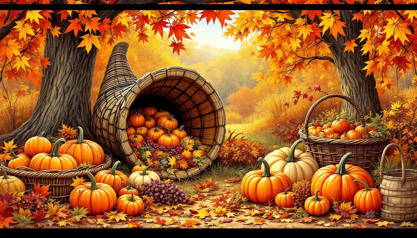 Thanksgiving harvest scene with pumpkins, cornucopia, and autumn leaves in paint-by-numbers style